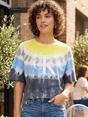 Calvin Klein Jeans Women’s Tie-Dye CK Logo Crop Tee - Yellow/Blue/Gray Sz M